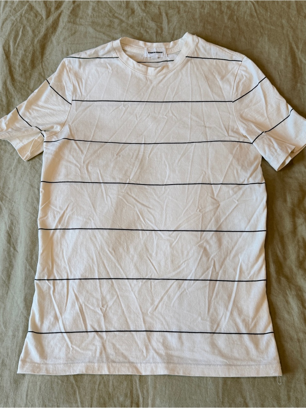 Men's White Crewneck Short-Sleeve Tee with Thin Black Stripes